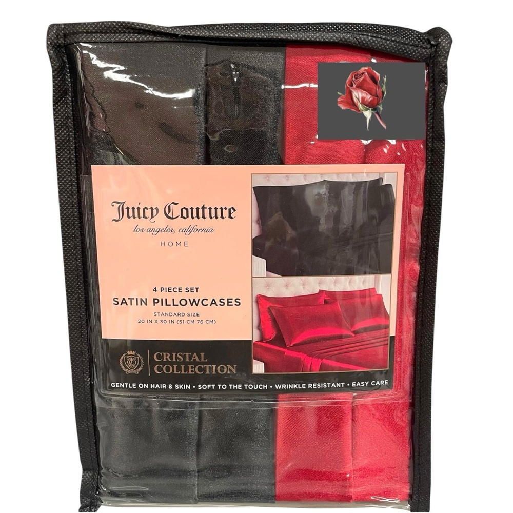 4 Juicy Couture Satin Pillowcases Solid Silky ~2 Black / 2 Red Standard NEW NIP